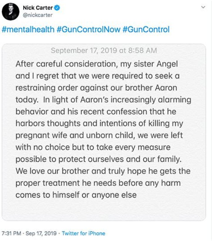 Nick Carter Seeks Restraining Order Against Aaron: He ‘Harbors Thoughts’ Of ‘Killing My Pregnant Wife’