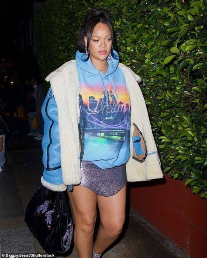 Pregnant Rihanna Rocks Powder Blue Shearling & Mini Skirt For Dinner At Giorgio Baldi