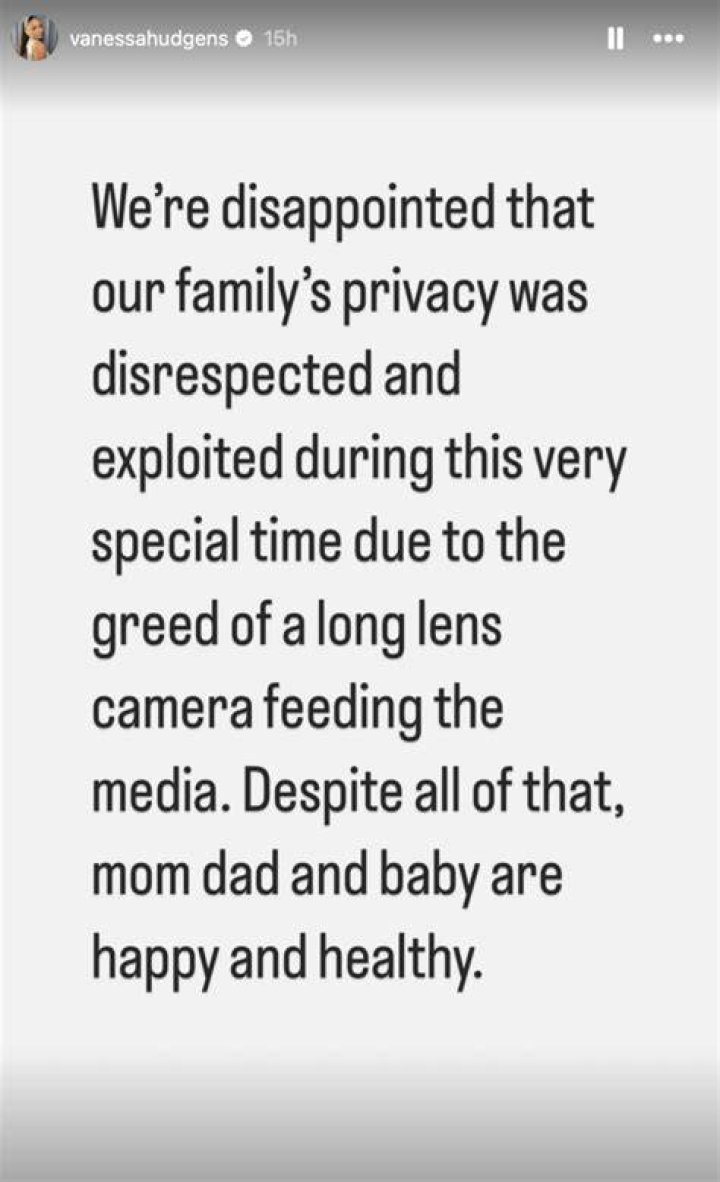 Vanessa Hudgens Confirms the Birth of Her Baby & Says Her ‘Family’s Privacy Was Disrespected’